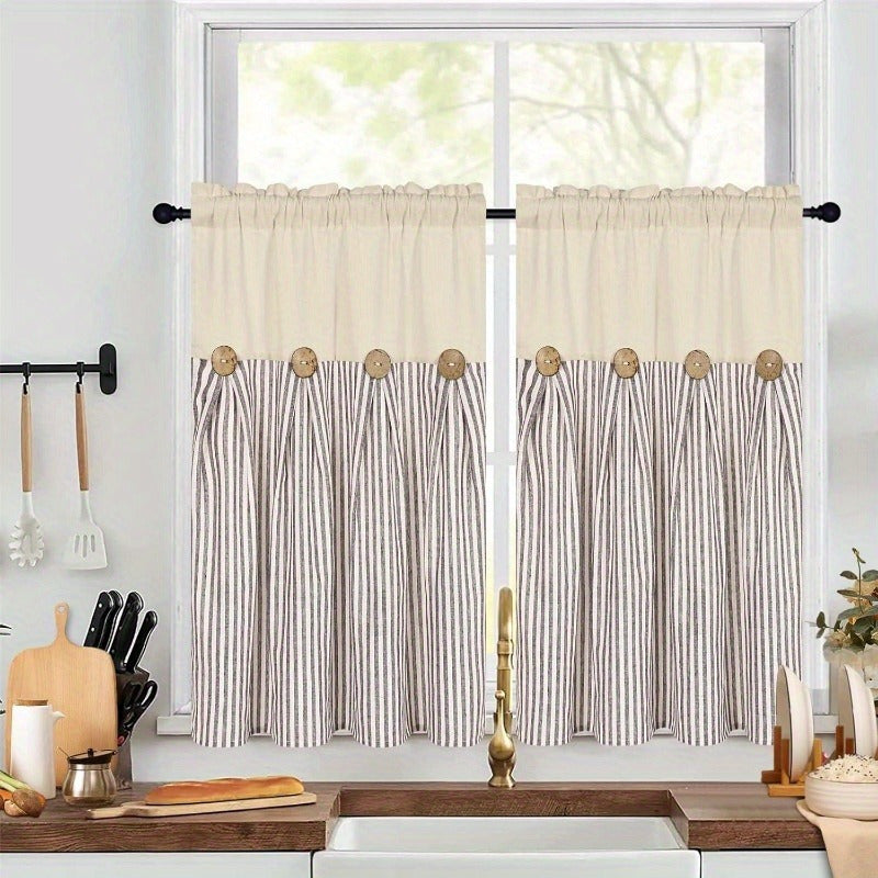 Striped Patchwork Semi-Sheer Rod Pocket Curtains – Bohemian Tiered Window Panels for Bedroom, Living Room, Kitchen, Bathroom & Cafe | 1 or 2 Pcs