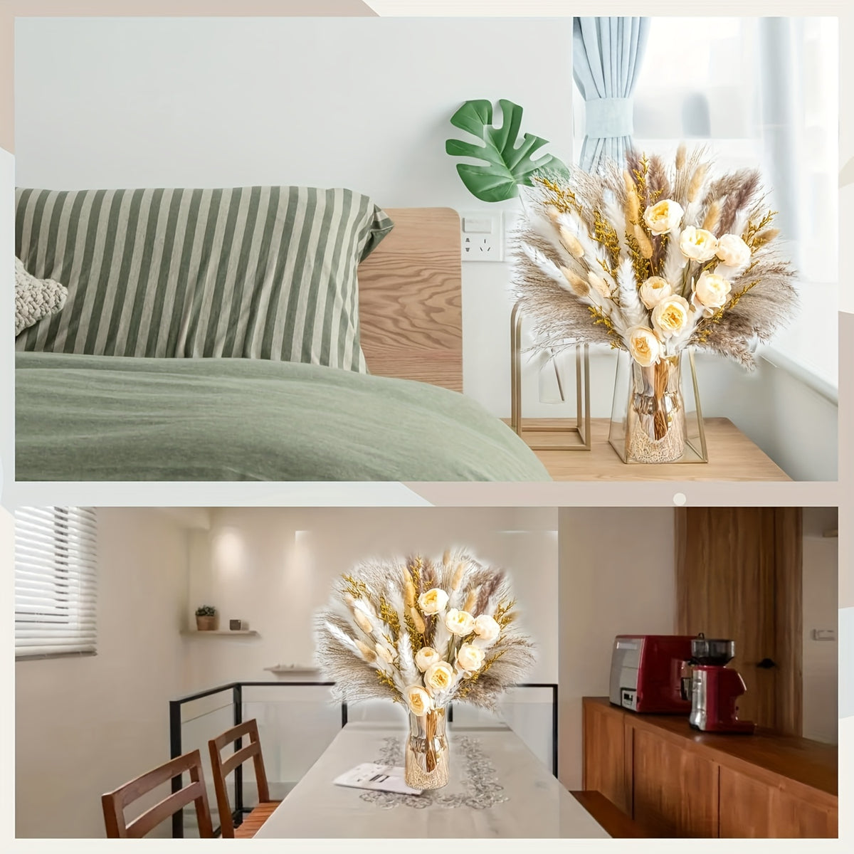 Dried Pampas Grass Bouquet with Artificial White & Beige Roses – 51 or 91 Piece Large Boho Floral Arrangement for Wedding, Home & Farmhouse Centerpiece, Rustic Table Decor (No Vase Included)