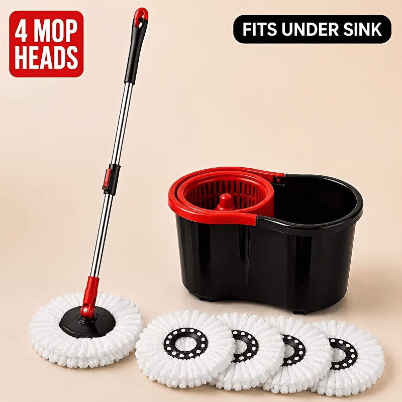 Spin Mop and Bucket Set with 4 Microfiber Heads - Compact Self-Wringing Hands-Free Floor Mop for Apartments Dorms & Small Spaces Fits Under Sink