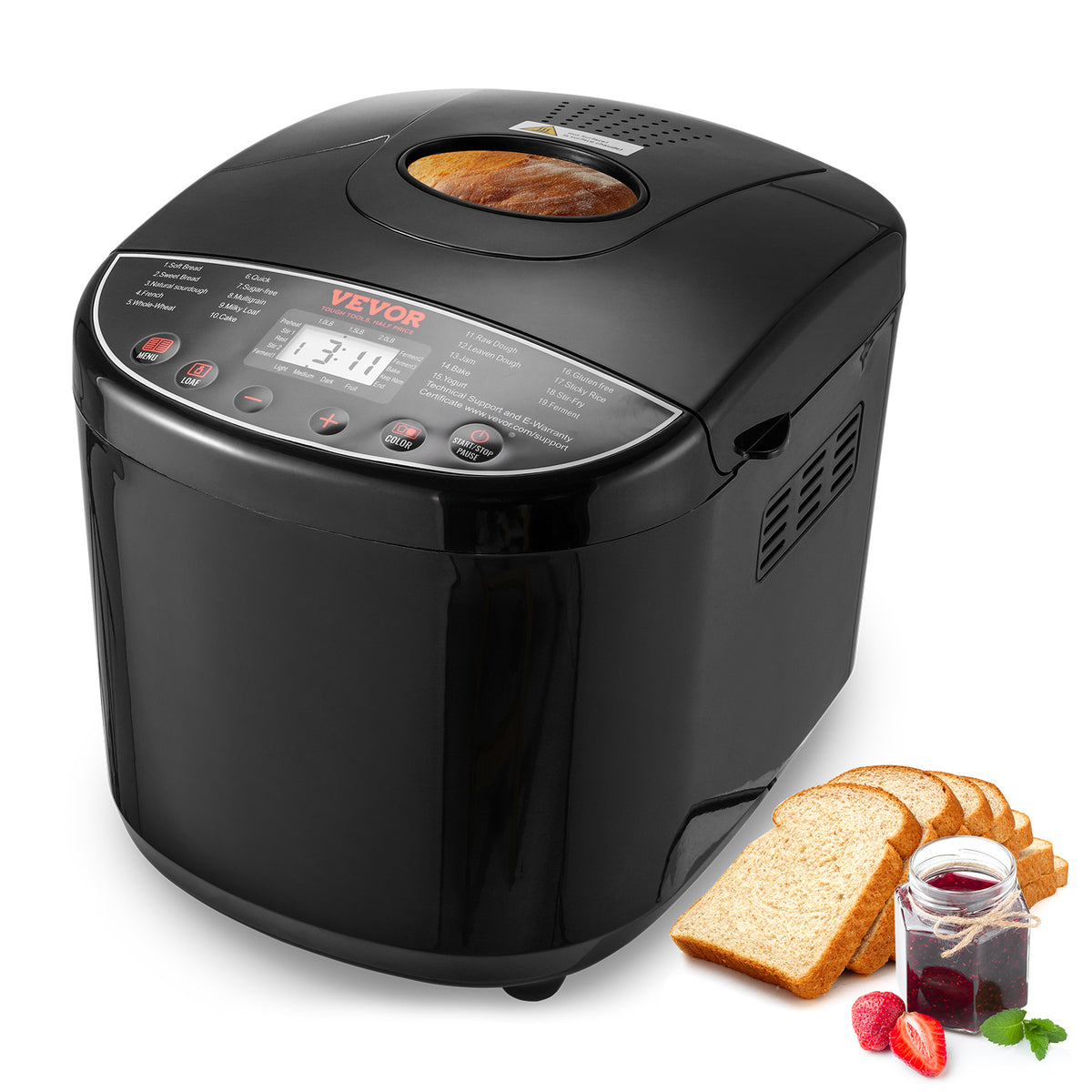 Bread Maker Machine 19-in-1 with Ceramic Non-Stick Pan, 15-Hour Timer, 3 Crust Colors, Auto Keep-Warm – Up to 2 LB Loaf