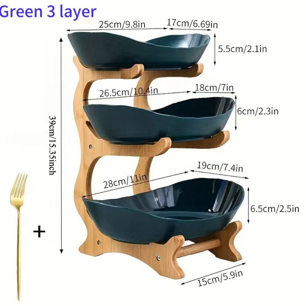 Tiered Fruit Basket Bowl 2-3 Layer Bamboo Wood Stand Kitchen Counter Serving Tray Snack Candy Plate with Fork European Style