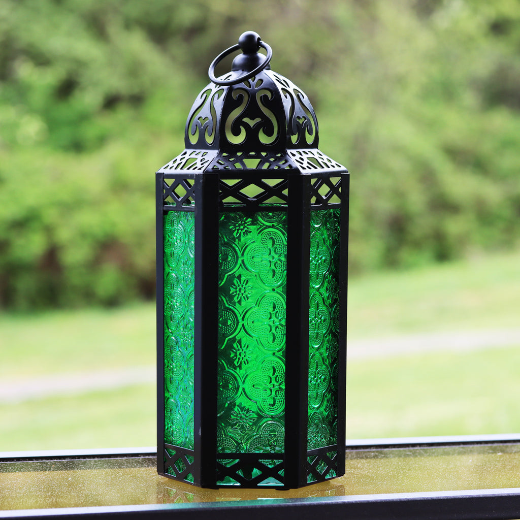 Moroccan Candle Lantern Holder Medium 10.5 Inch – Handcrafted Glass Iron Metal Lantern with Embossed Floral Panels, 17 Colors, Indoor Outdoor Use for Ramadan, Wedding, Patio, Diwali & Home Decor