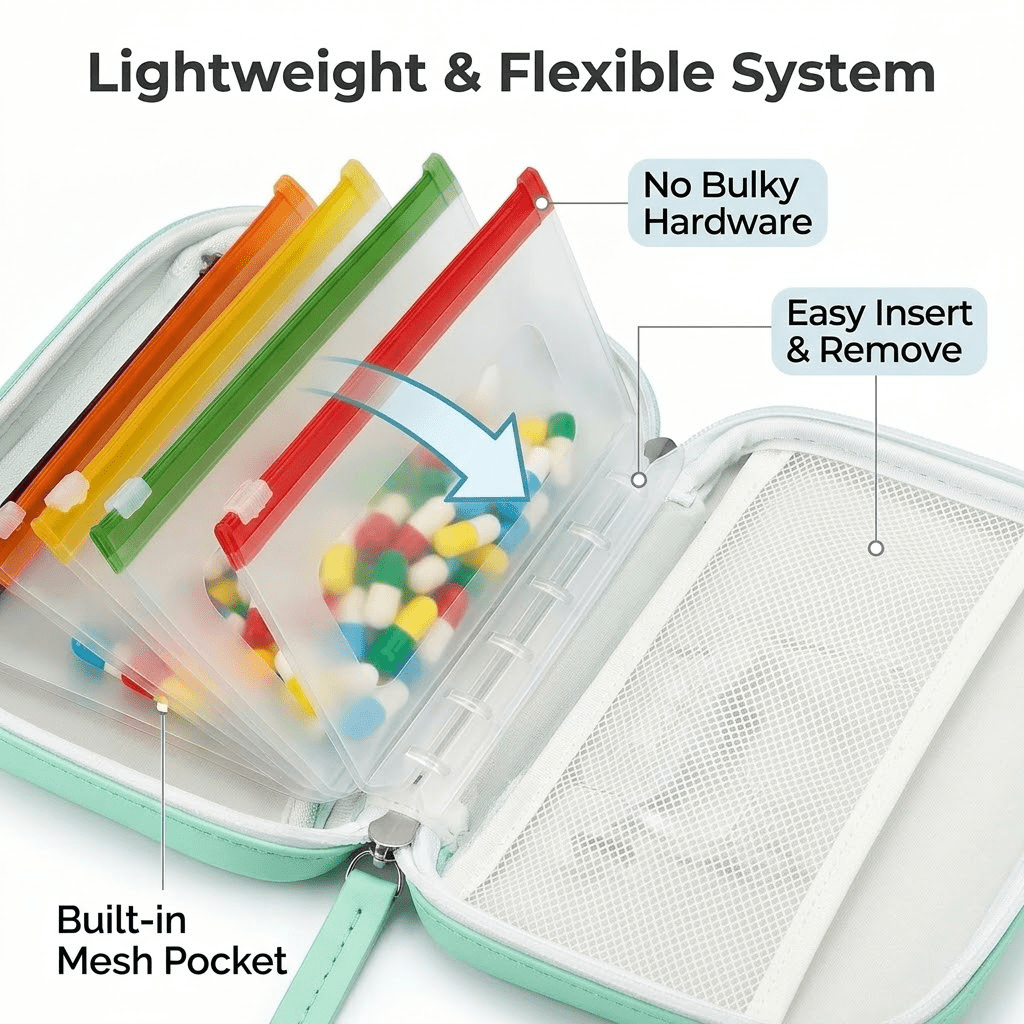 Weekly Pill Organizer Bag Set – 14 Color-Coded Waterproof Zipper Bags Reusable Travel Medicine Storage for Vitamins Fish Oil Daily Supplements