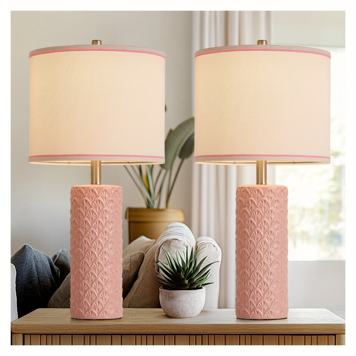 27" Modern Ceramic Table Lamp Set of 2 – Farmhouse Bedside Lamps with 3 Color Temperatures for Bedroom, Living Room & Office (LED Bulb Included)