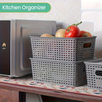 Plastic Storage Basket Set of 8 with Lids - Desktop & Shelf Organization Bins for Documents, Office, Home & Bedroom Storage, Multi-Functional Stackable Baskets - Grey, Black & White
