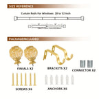 Adjustable Curtain Rod Crystal & Gold Single Decorative Rod for Windows 28 to 122 Inch – Spliced Extension Design, 8 Size Options