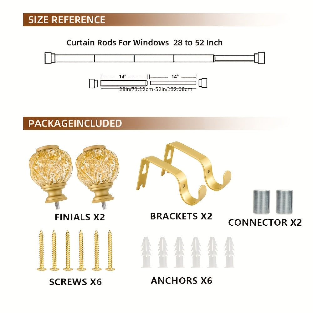 Adjustable Curtain Rod Crystal & Gold Single Decorative Rod for Windows 28 to 122 Inch – Spliced Extension Design, 8 Size Options