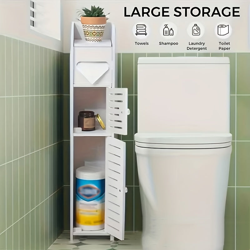 Floor Standing Bathroom Cabinet PVC Double Door White Thickened Space Saving Corner Shelf for Toilet Paper Shampoo Storage Home Hotel School Restroom