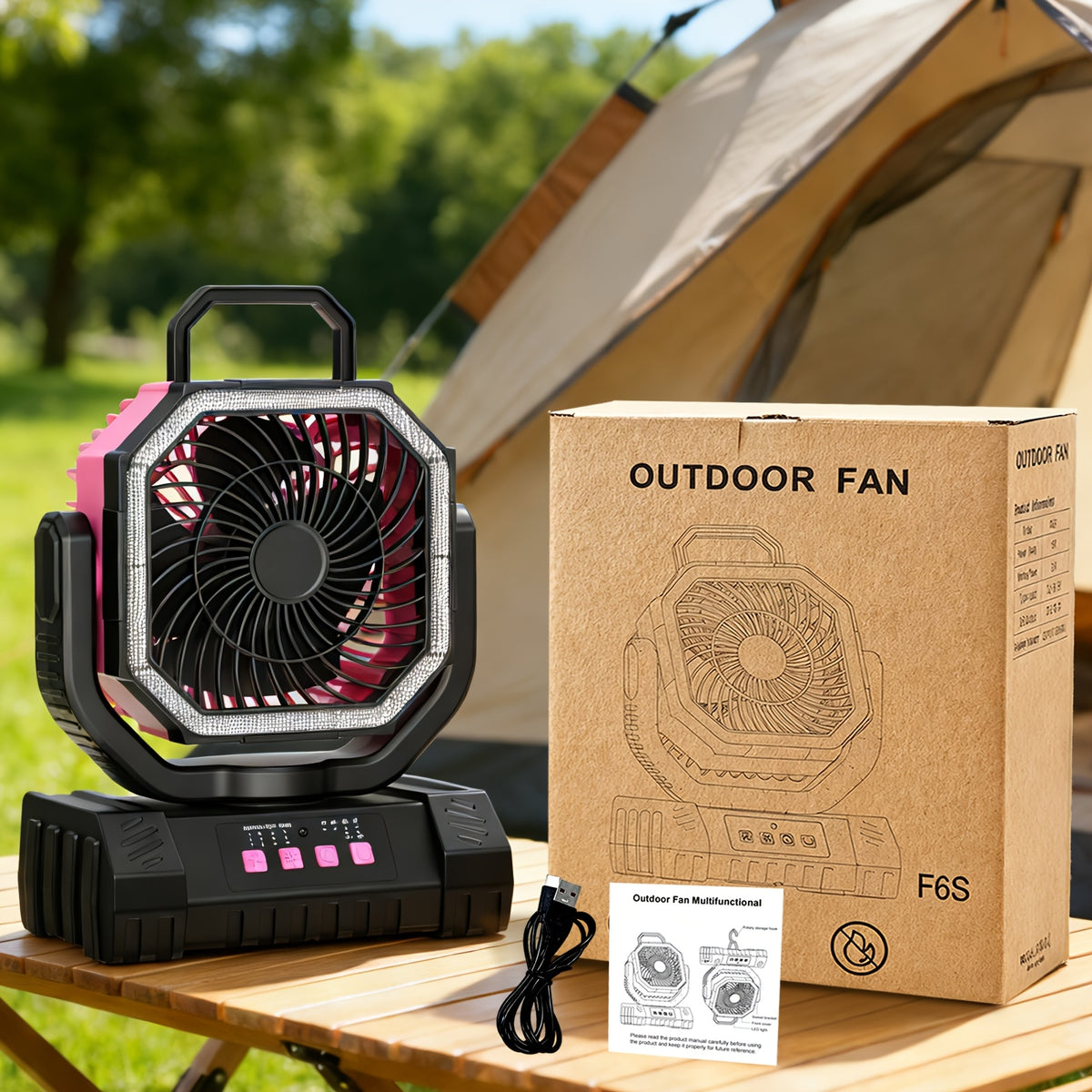 3-in-1 Camping Fan with LED Light & 20000mAh Power Bank Portable Rechargeable Fan 4 Speed Settings Multi-Angle Rotation for Hiking Tent Office & Outdoor Use