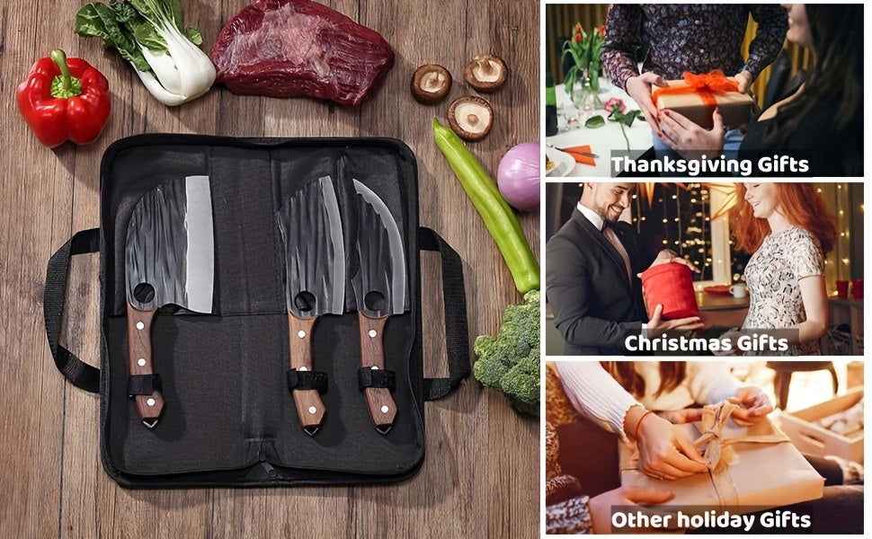 Viking-Inspired Hand-Forged Butcher Knife Set with Carrying Case - High Carbon Steel Cleaver Boning and Vegetable Knife Set for BBQ Camping and Meat Preparation