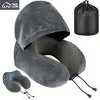 Hooded U-Shaped Travel Neck Pillow with Hood & Light-Blocking Cover – Airplane Nap Pillow for Adults, Home Office Sleep Support, U-Shape Neck Rest