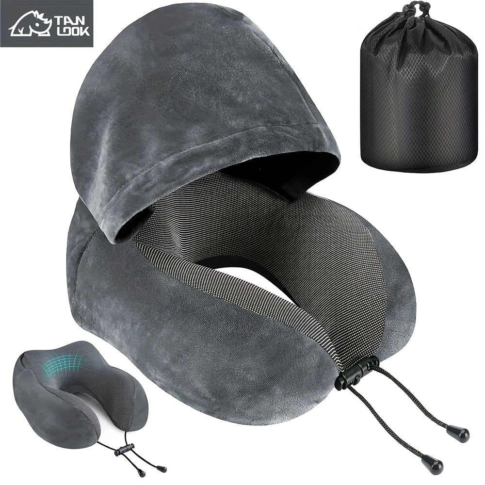 Hooded U-Shaped Travel Neck Pillow with Hood & Light-Blocking Cover – Airplane Nap Pillow for Adults, Home Office Sleep Support, U-Shape Neck Rest