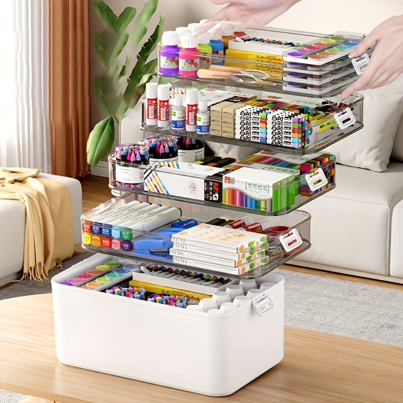 Multilayer Storage Box Large Capacity Transparent Portable Organizer with Handle and Detachable Lid Compartment for Medicine Home Travel Office Sewing Art Supplies 3 or 5 Tier
