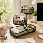 3-Tier Metal Mesh Countertop Storage Rack with Hooks, Space-Saving Organizer for Bathroom & Kitchen – Heavy-Duty Cosmetic, Perfume & Toiletry Display Stand, Black or White, Mini Available