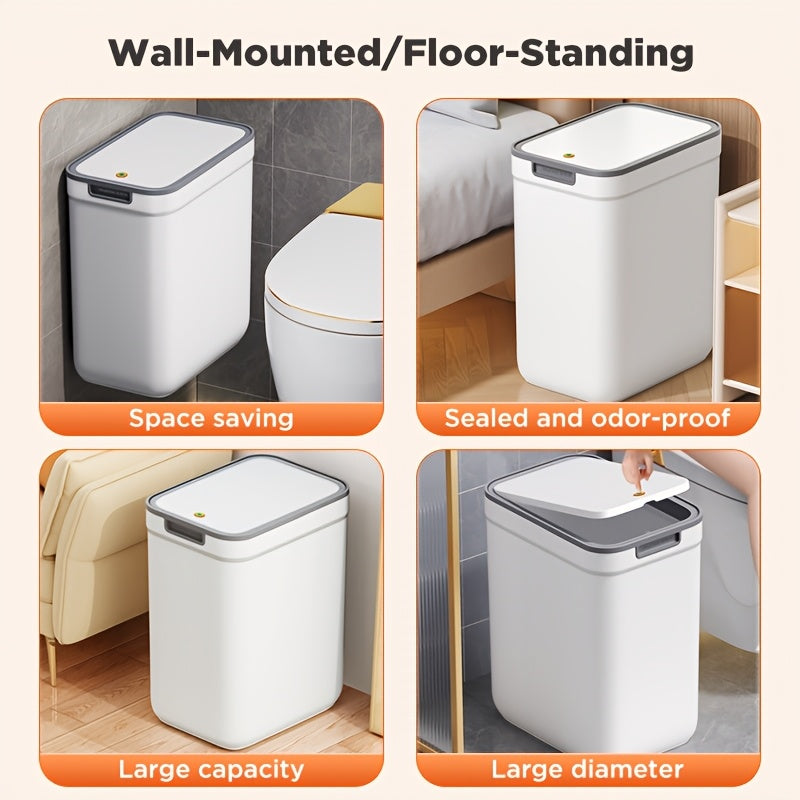 Wall-Mounted Odor-Sealing Trash Can with Lid – Space-Saving Rectangular Plastic Waste Bin, No Power Needed, Minimalist Design for Bathroom, Bedroom, Office & Dorm, Easy to Clean