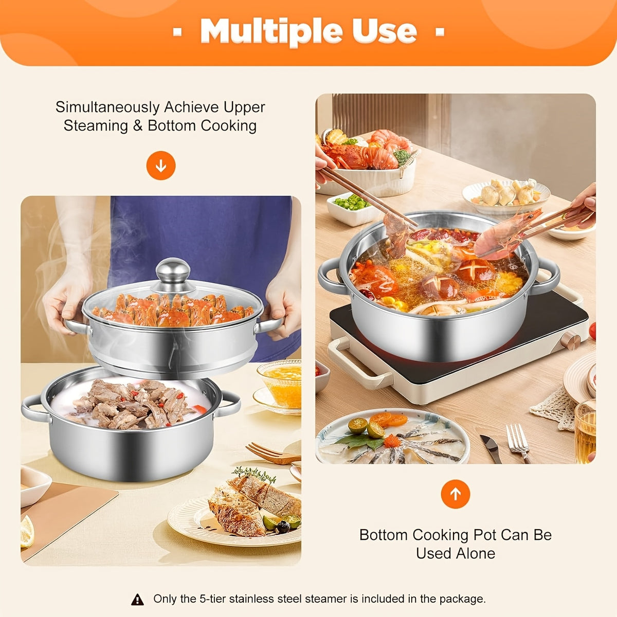 304 Stainless Steel Stackable Steamer Pot with Tempered Glass Lid – 2-Tier or 5-Tier Heavy-Duty Steam Cooker for Dumplings Vegetables Pasta Meat, Home & Commercial