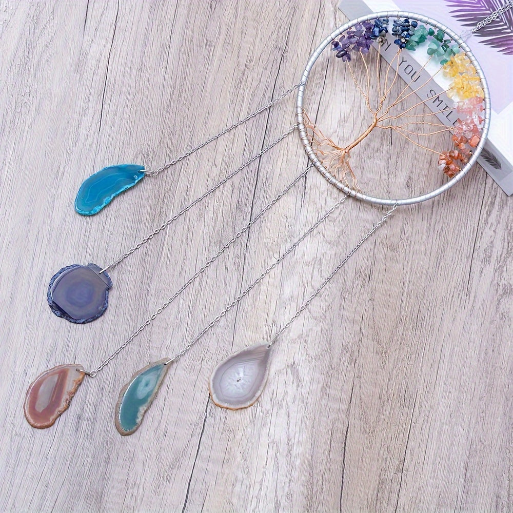 Crystal Dream Catcher Wind Chime Wall Art Handmade Rainbow Beads Tree Motif Boho Wall Hanging for Living Room Bedroom Wedding Christmas Gift