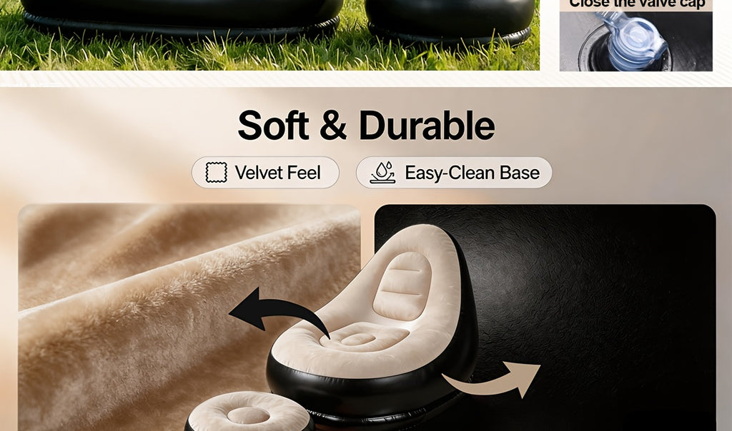 Inflatable Lounge Chair Recliner with Footrest & Foot Pump – Portable Air Sofa Couch for Living Room, Camping, Travel & Balcony, Space-Saving Indoor Outdoor Lounger (6 Colors)