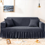 Velvet Jacquard Sofa Cover Ruffle Detail – Non-Slip Dustproof Soft Breathable Slipcover, Machine Washable All-Season, Polyester Spandex, 1/2/3/4 Seater, Grey