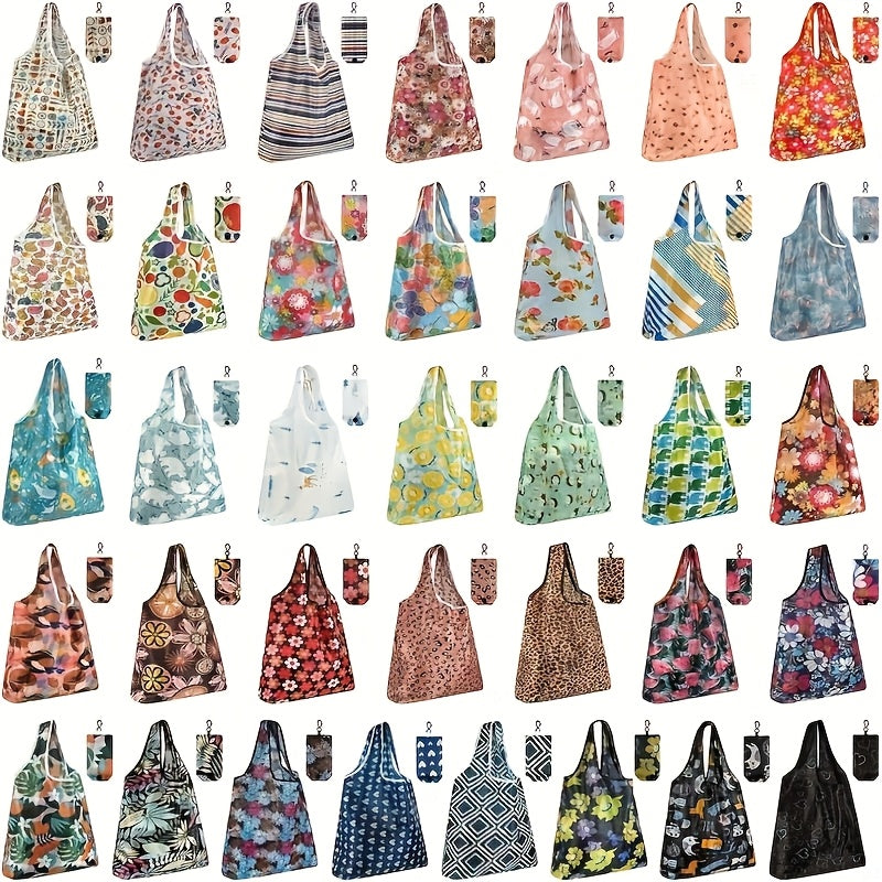 Foldable Shopping Bags 10pcs Reusable - Lightweight Waterproof Polyester Tote Bags with Storage Pockets & Cute Patterns, Eco-Friendly Grocery Bags in Random Colors