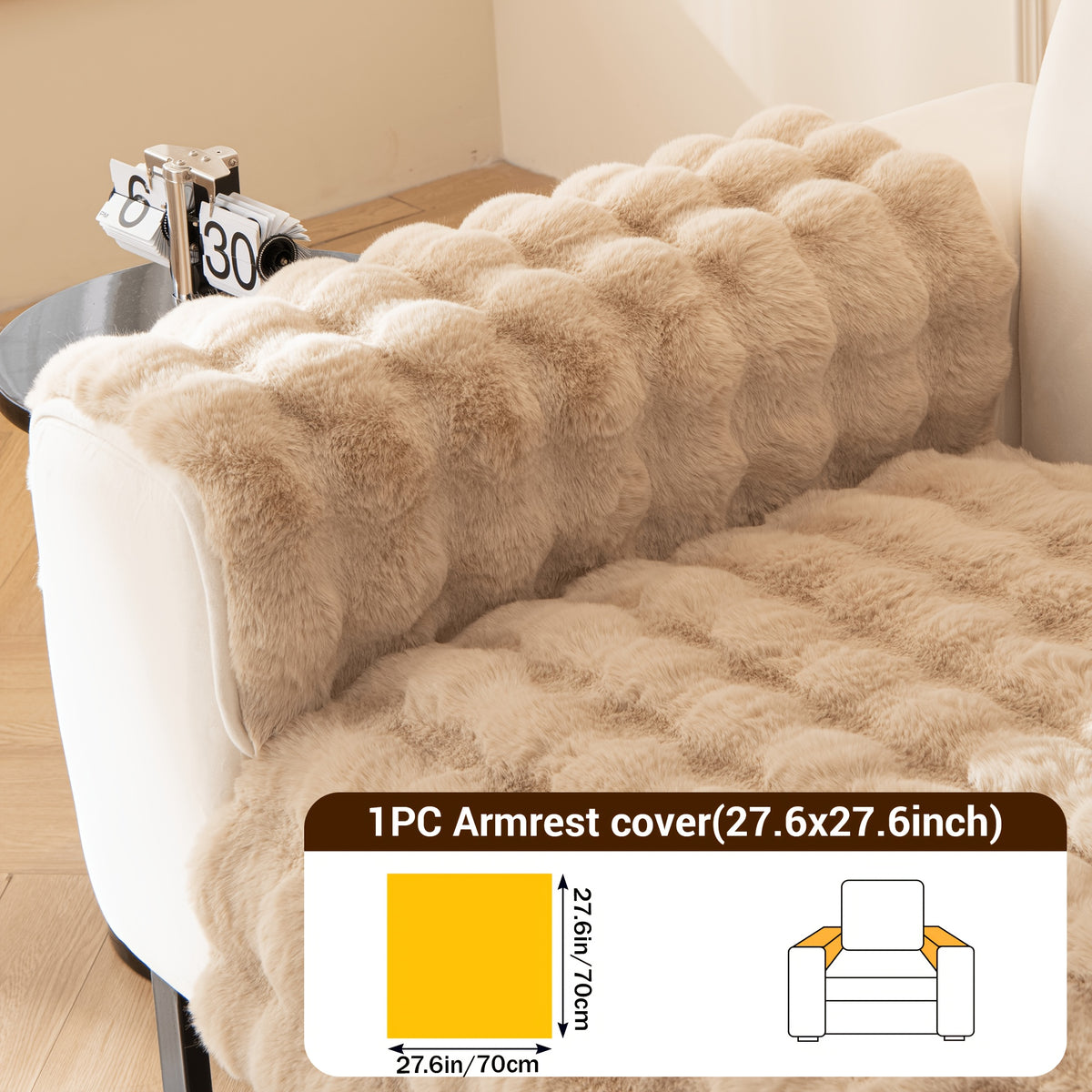 Bubble Faux Rabbit Fur Sofa Cover Non-Slip Stretchable 3/4 Seat Slipcover – Silicone Grip Breathable Furniture Protector for Living Room, Bed & Dorm, Machine Washable in Beige, Dark Grey & Khaki