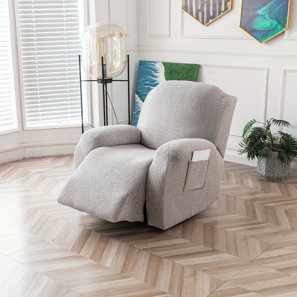 Jacquard Leaf Recliner Chair Cover 4-Piece Stretch Slipcover with Storage Pocket | Furniture Protector for Living Room Recliner, 6 Colors — Dark Gray Beige Wine Red Light Grey Chocolate Light Blue