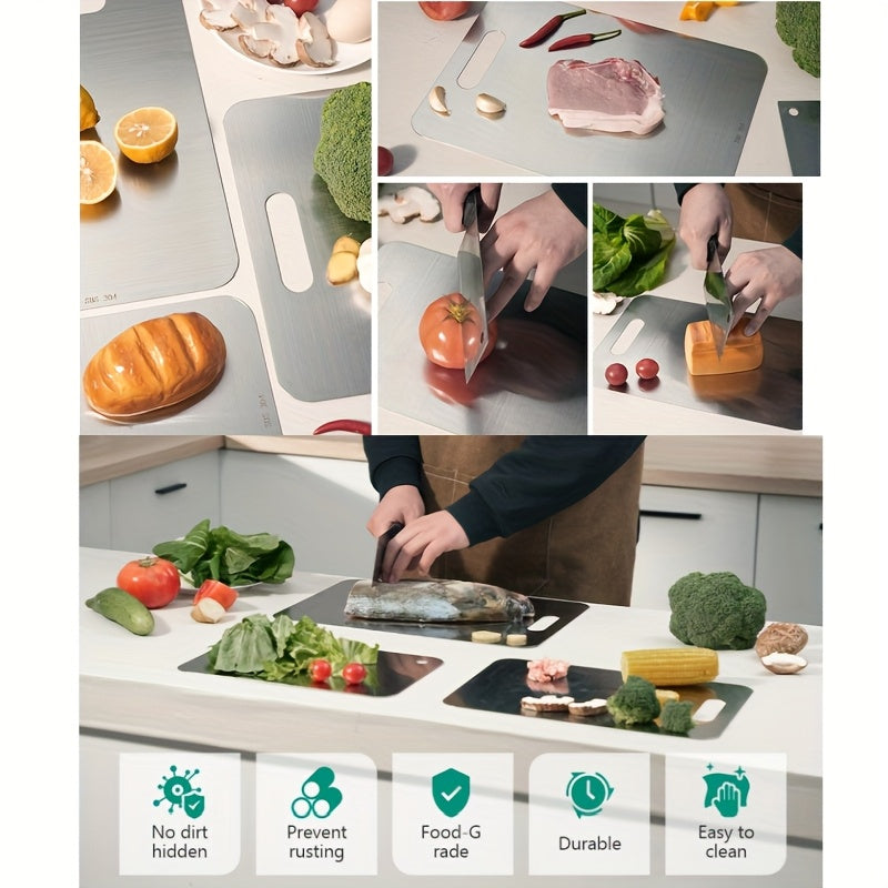 Stainless Steel Cutting Board Set 3 Piece - Dual-Sided SUS304 Metal Chopping Boards Non-Stick Rust-Resistant BPA-Free Portable for Kitchen Camping Picnic, Meat Fruit Vegetables
