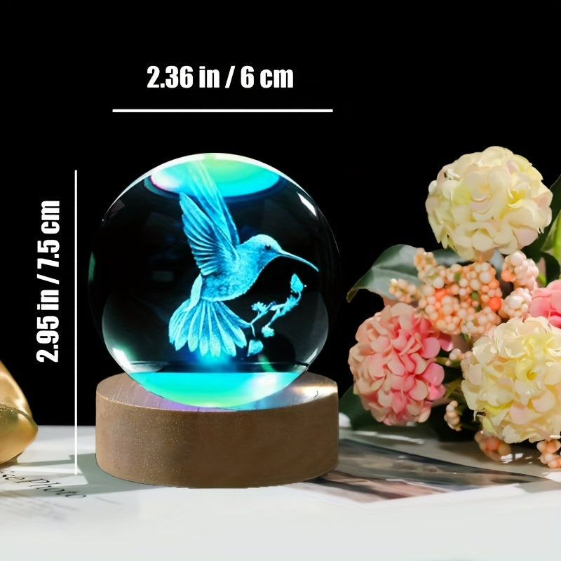 3D Hummingbird Crystal Ball Night Light Colorful LED Wooden Base Laser Engraved Hummingbird Statue Home Office Decor Holiday Gift for Teens Friends