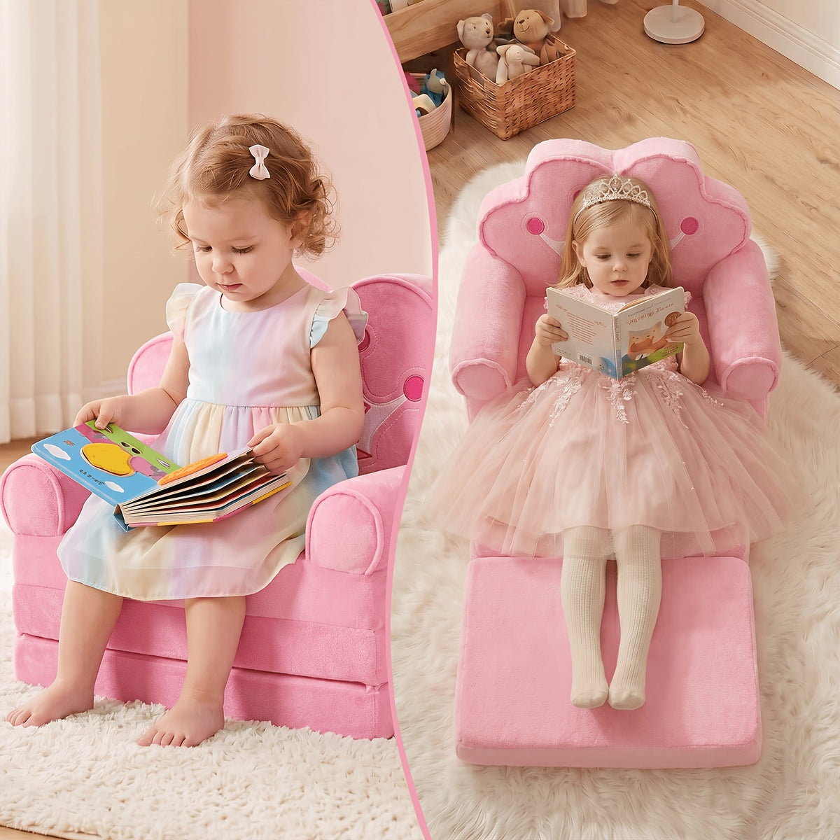 Flip Open Kids Sofa with Princess Crown Design – 2-in-1 Foldable Couch & Lounger Chair, Machine Washable Plush Cover, Certified Safe Foam, Dreamy Reading Nook Gift for Girls