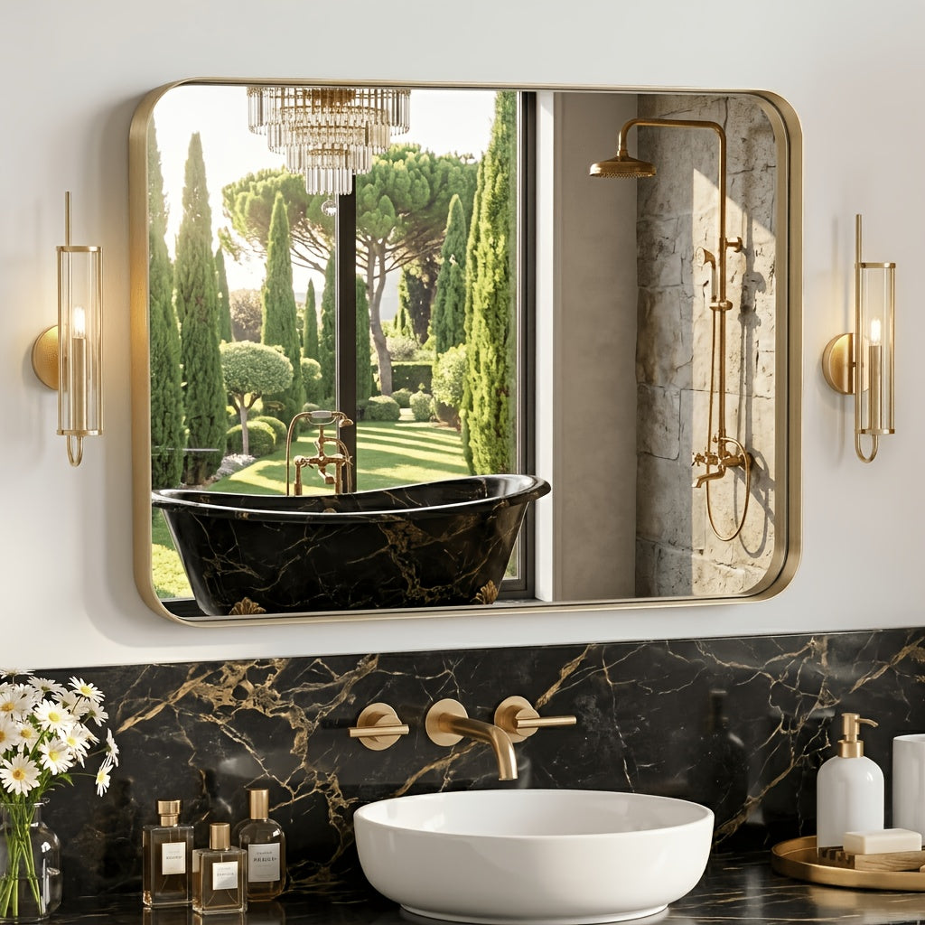 Metal Framed Rounded Rectangle Wall Mirror for Bathroom – Over Sink, Horizontal or Vertical Hanging, Modern Farmhouse Decor, Matte Black, Gold & Silver, Multiple Sizes 16x20 to 36x48 In