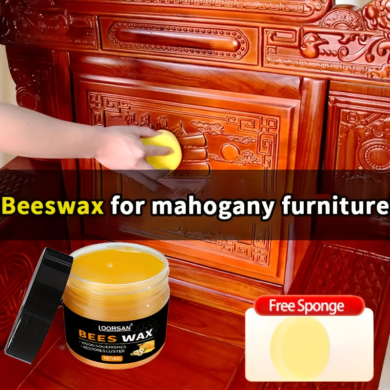 Beeswax Wood Furniture Polish & Protector with Sponge, Natural Bee Oil for Wooden Furniture Floor Maintenance Anti-Crack & Shine Restoration, 40g All-Wood Surface Care