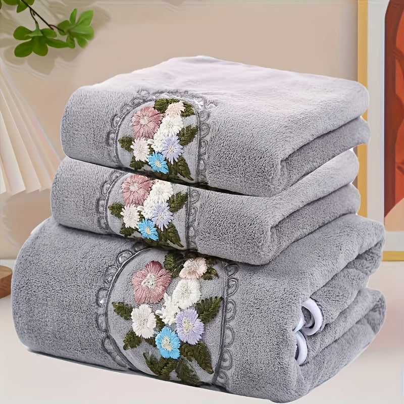 Embroidered Flower Towel Set 3 Piece – Soft Absorbent Bath Towel & 2 Face Towels – Skin-Friendly Polyester Blend, Home & Beach Use, White, Blue, Pink, Gray