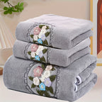 Embroidered Flower Towel Set 3 Piece – Soft Absorbent Bath Towel & 2 Face Towels – Skin-Friendly Polyester Blend, Home & Beach Use, White, Blue, Pink, Gray