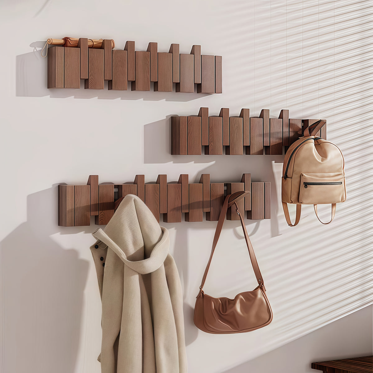 Wall-Mounted Coat Rack Natural Wood – Accordion Hook Rack for Entryway, 4/6/8/10 Hooks, Walnut & Beech Finish, Space-Saving Coat Hanger for Bedroom, Bathroom, Hallway