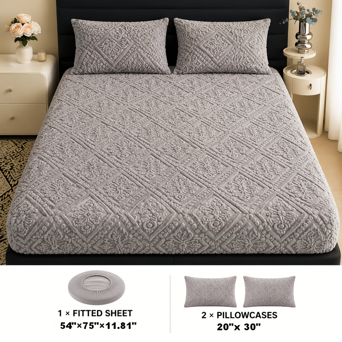 Embossed Fitted Sheet Set Super Soft Deep Pocket - European Texture Bed Sheets All Season, Machine Washable, Optional Pillowcases, Twin Full Queen King Sizes, 5 Colors Bedroom Bedding