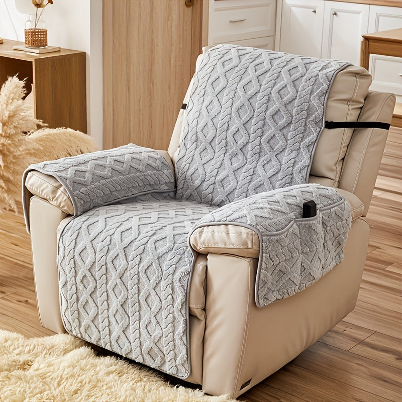 Thickened Shu Velvet Fleece Non-Slip Recliner Cover Plush Sofa Chair Cover – Warm Cozy Furniture Protector for Living Room Office Home, All-Season Recliner Slipcover