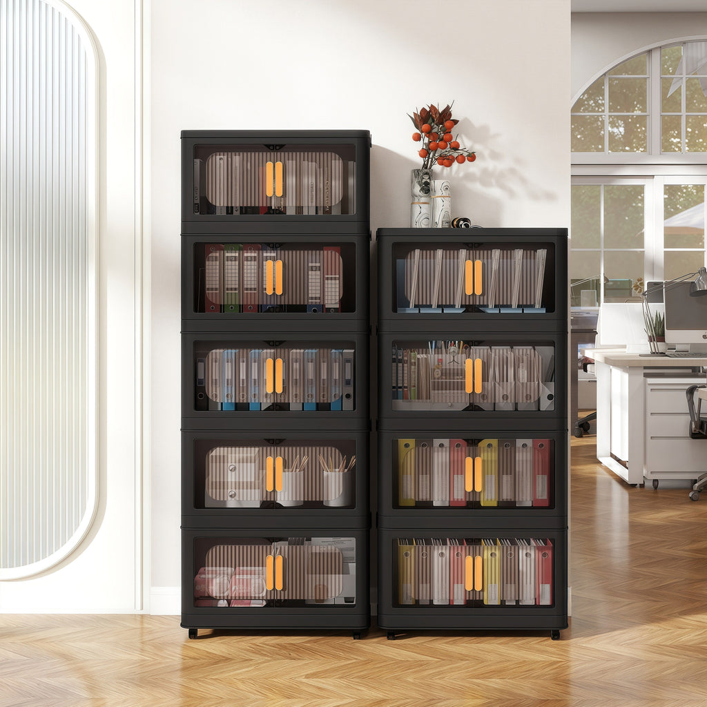 Collapsible Storage Locker with Locking Wheels – 4/5 Tier Double Door Plastic Bin Organizer, Stackable Space-Saving Storage Cabinet for Closet, Dorm, Office, Garage, Bedroom & Gym