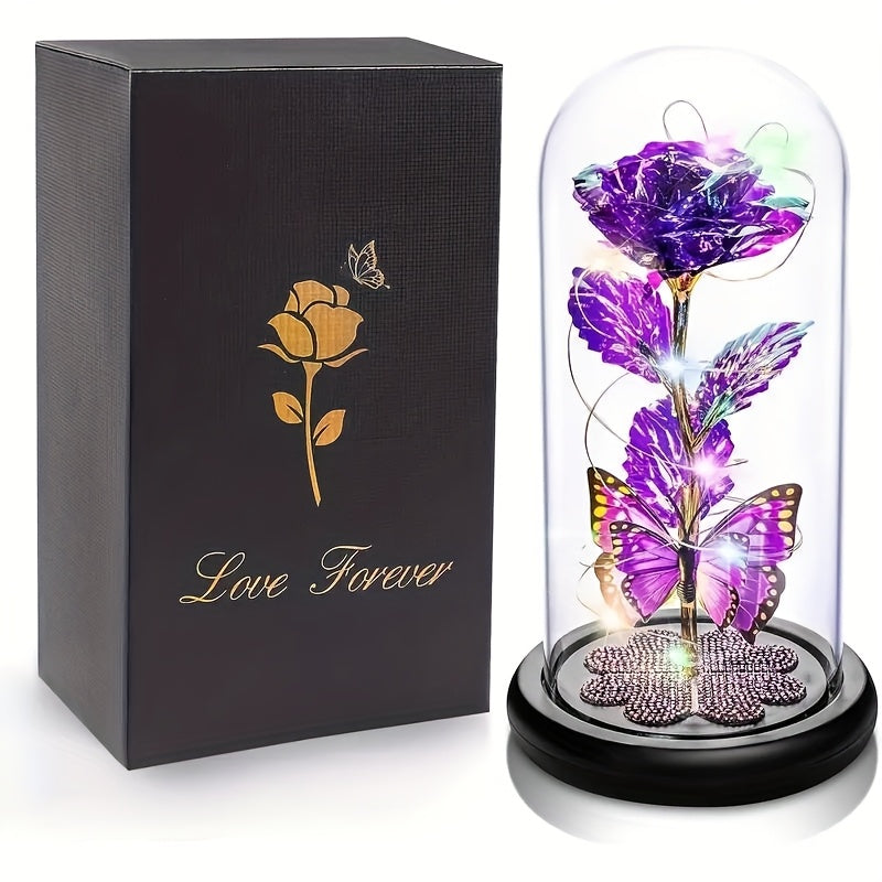 Galaxy Glass Rose Dome Eternal Crystal Flower with Butterfly LED Glow Night Light Gift for Mom Wife Sister Daughter Mother's Day Birthday Valentine's Day Purple