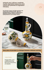 Hand-Painted Ceramic Oil & Vinegar Dispenser Set, Anti-Drip Leak-Proof Underglaze Kitchen Condiment Bottles with Oil Spout & Foot Pad, Artisan Table Serveware, Great Housewarming Gift