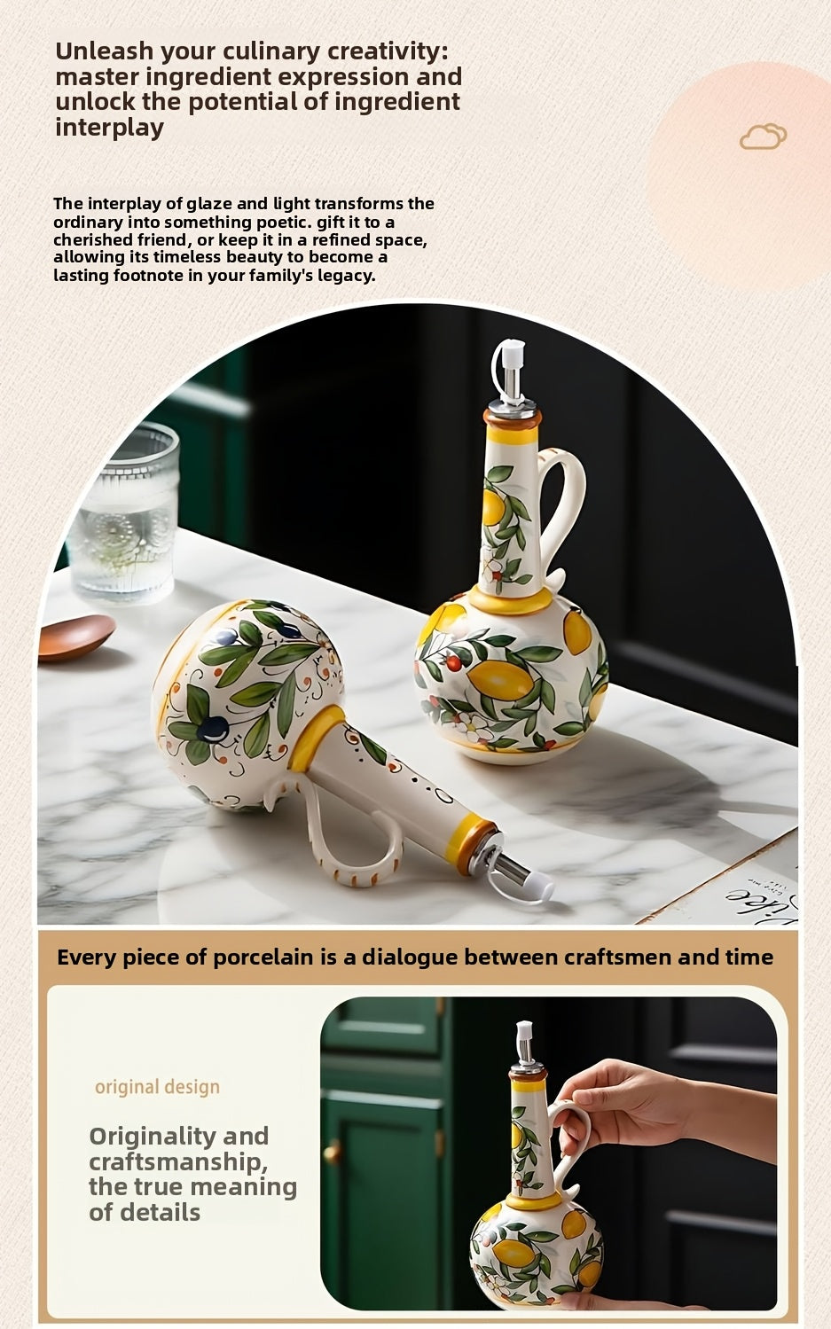 Hand-Painted Ceramic Oil & Vinegar Dispenser Set, Anti-Drip Leak-Proof Underglaze Kitchen Condiment Bottles with Oil Spout & Foot Pad, Artisan Table Serveware, Great Housewarming Gift