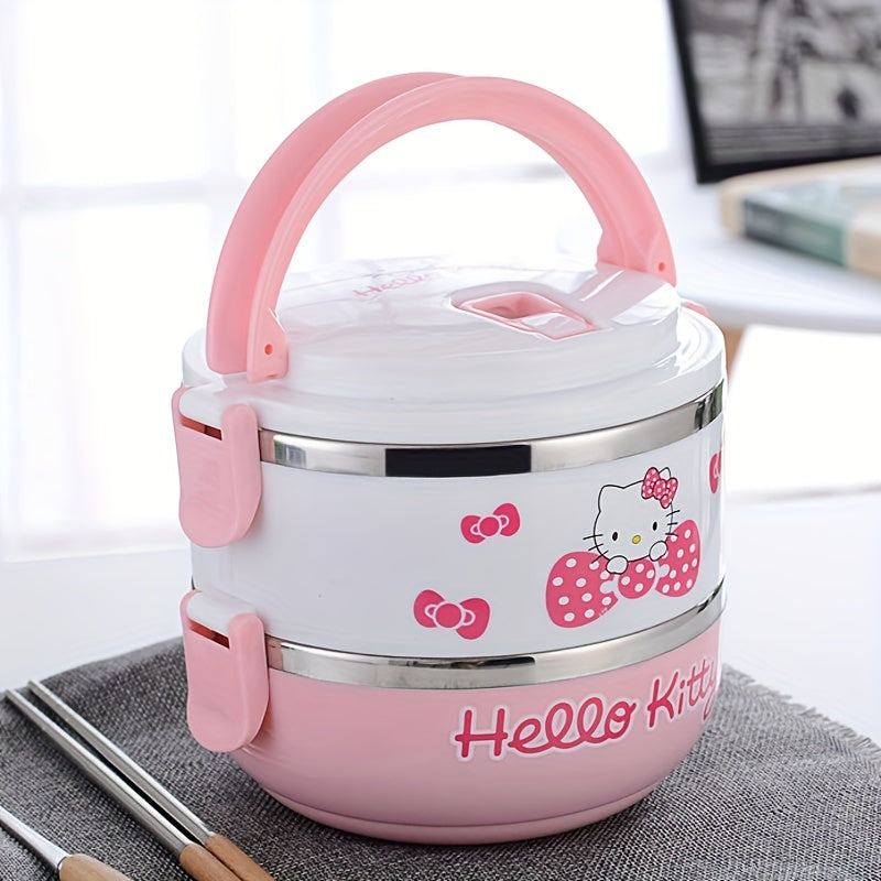 Hello Kitty Stainless Steel Lunch Box Bento Box for Girls - Officially Licensed Sanrio Cute Pink 2-Tier & 3-Layer Portable Lunch Container for School Picnic Kids Women, Food-Safe 304 Steel