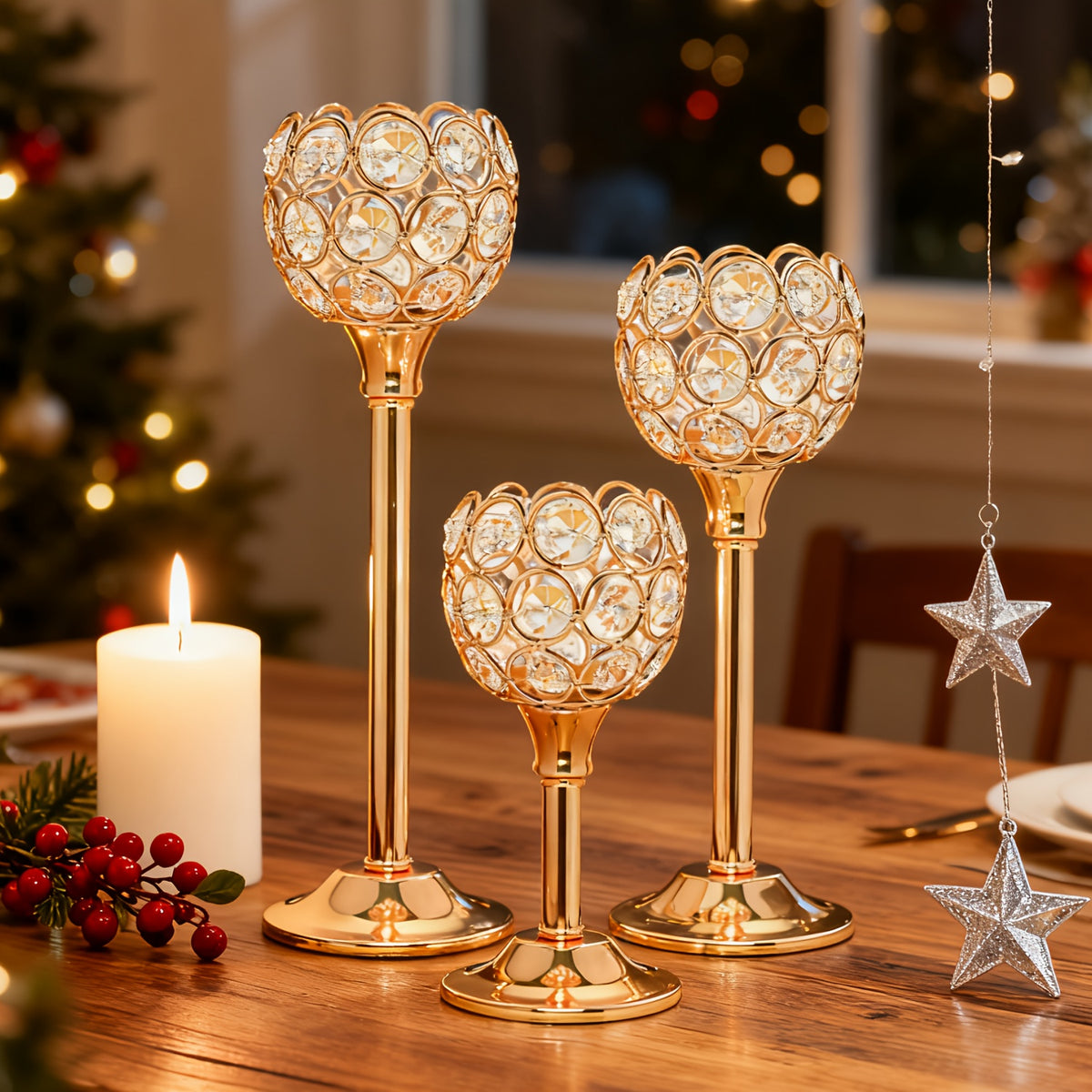 3-Piece Crystal & Metal Candle Holders Set – Windproof Elegant Taper Candle Holder for Christmas, Halloween, Wedding Centerpiece, Romantic Dinner, Anniversary & Birthday Home Decor Gift