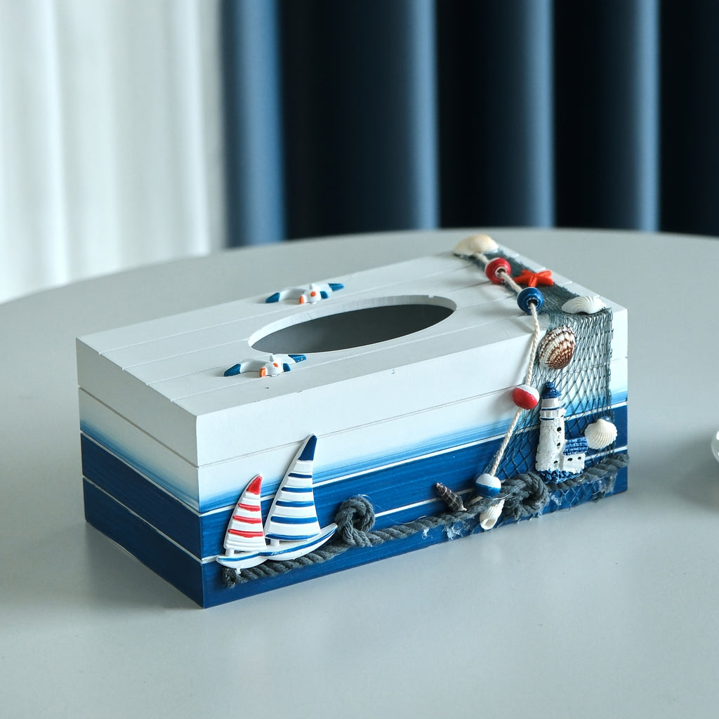 Nautical Tissue Box Cover Coastal Decor - Decorative Wood Tissue Dispenser with Rope & Sailboat Detail, Beach Theme Tissue Holder for Living Room, Bathroom & Office, Mediterranean Style Home Accent