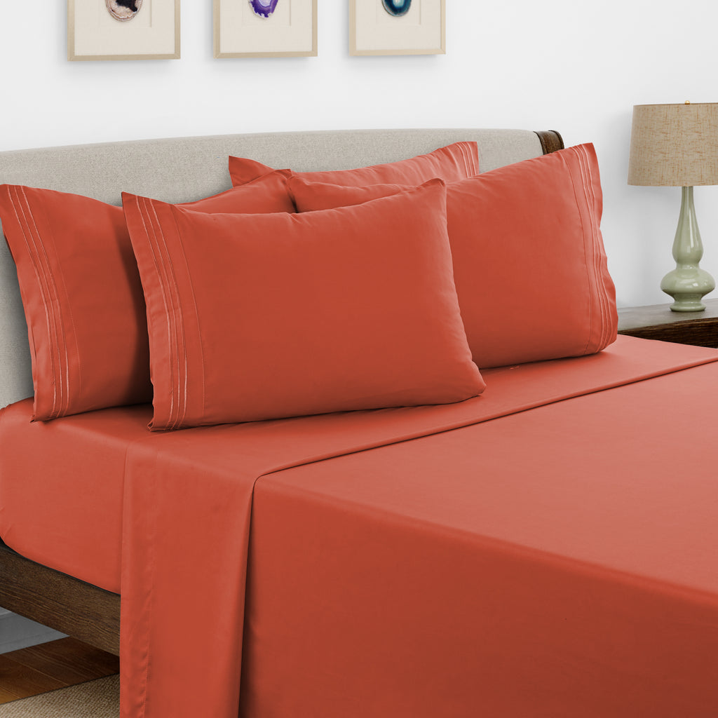 Brushed Microfiber Bed Sheet Set 6 Piece with Embroidered Pillowcases - Hotel Luxury Deep Pocket 16 Inch, Soft Breathable All Season, 24 Colors, Twin Twin XL Full Queen King Cal King