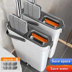 Flat Mop and Bucket Set 40cm, Hands-Free Wringing Dual Bucket System, 360° Rotating Mop Head, 2 or 6 Microfibre Replacement Pads, Wet & Dry Separation, Safe on All Floor Types