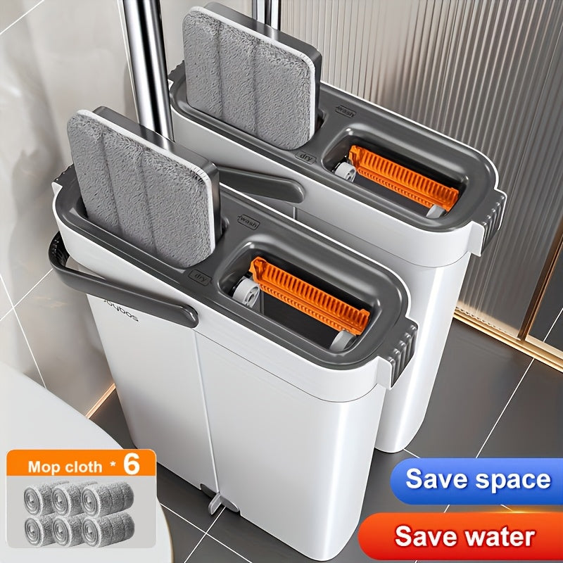 Flat Mop and Bucket Set 40cm, Hands-Free Wringing Dual Bucket System, 360° Rotating Mop Head, 2 or 6 Microfibre Replacement Pads, Wet & Dry Separation, Safe on All Floor Types