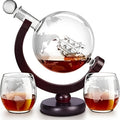 Whiskey Decanter Set for Men – Etched World Globe Design 28oz with Wooden Stand & Glass – Bourbon Scotch Decanter Gift for Dad, Husband & Home Bar