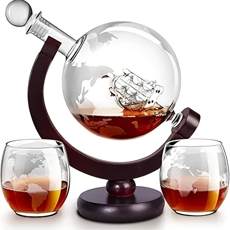 Whiskey Decanter Set for Men – Etched World Globe Design 28oz with Wooden Stand & Glass – Bourbon Scotch Decanter Gift for Dad, Husband & Home Bar