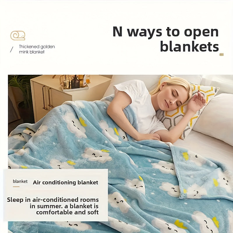 Floral Nap Blanket – Soft Lightweight All-Season Plush Polyester Throw | Blue Cloud & Yellow Flower Design, No Shedding | 3 Sizes
