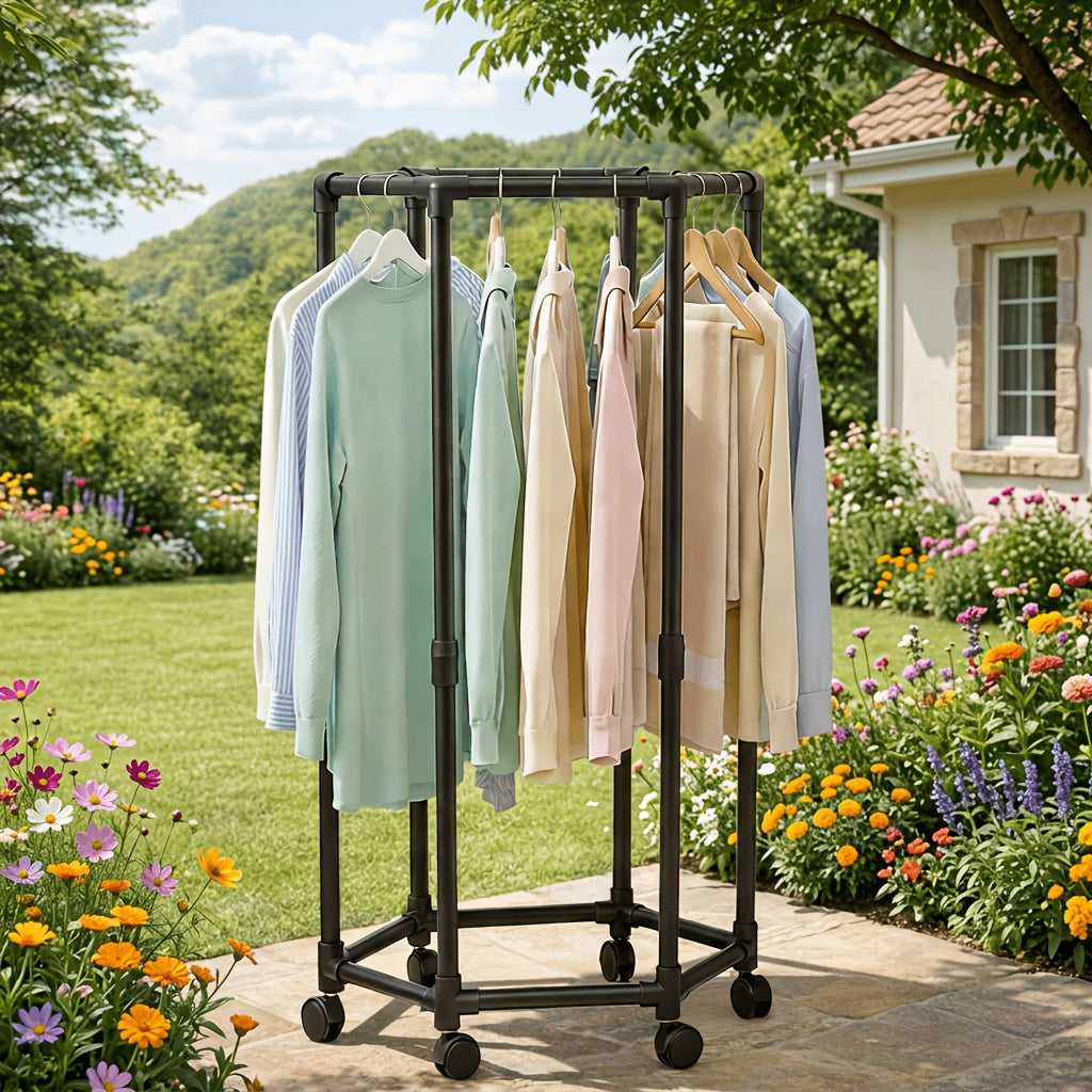 360° Rotating Clothes Rack with Wheels Heavy Duty Metal Hexagonal Garment Organizer for Bedroom Closet Laundry Room